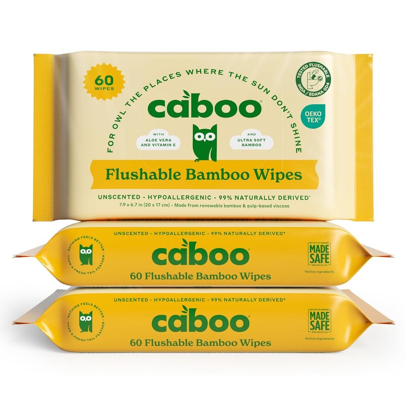 CABOO Tree Free Flushable Wipes, Certified Flushable, Septic Safe, Biodegradable, Chemical Free, Unscented Wipes for Adults made with Renewable Bamboo Based Viscose (Pack of 3, Total of 180) - Image 1